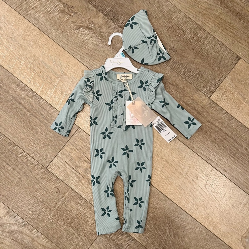 New! Jessica Simpson Floral Baby Romper with Hat
